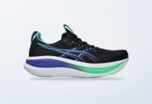 Scarpa da running ASICS GEL-NIMBUS 28 nera su fondo chiaro