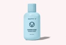 Happy V Feminine Wash bottle on a light gray background