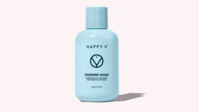 Happy V Feminine Wash bottle on a light gray background