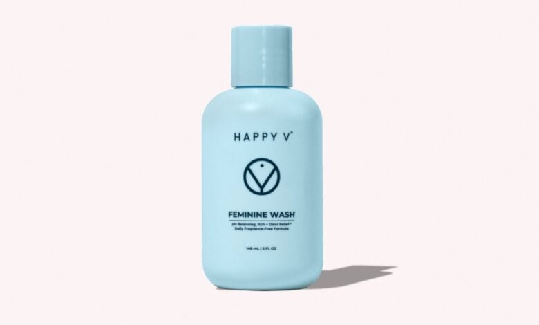 Happy V Feminine Wash bottle on a light gray background