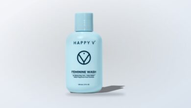 Happy V Feminine Wash bottle on a clean product background