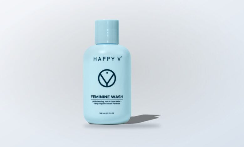 Happy V Feminine Wash bottle on a clean product background