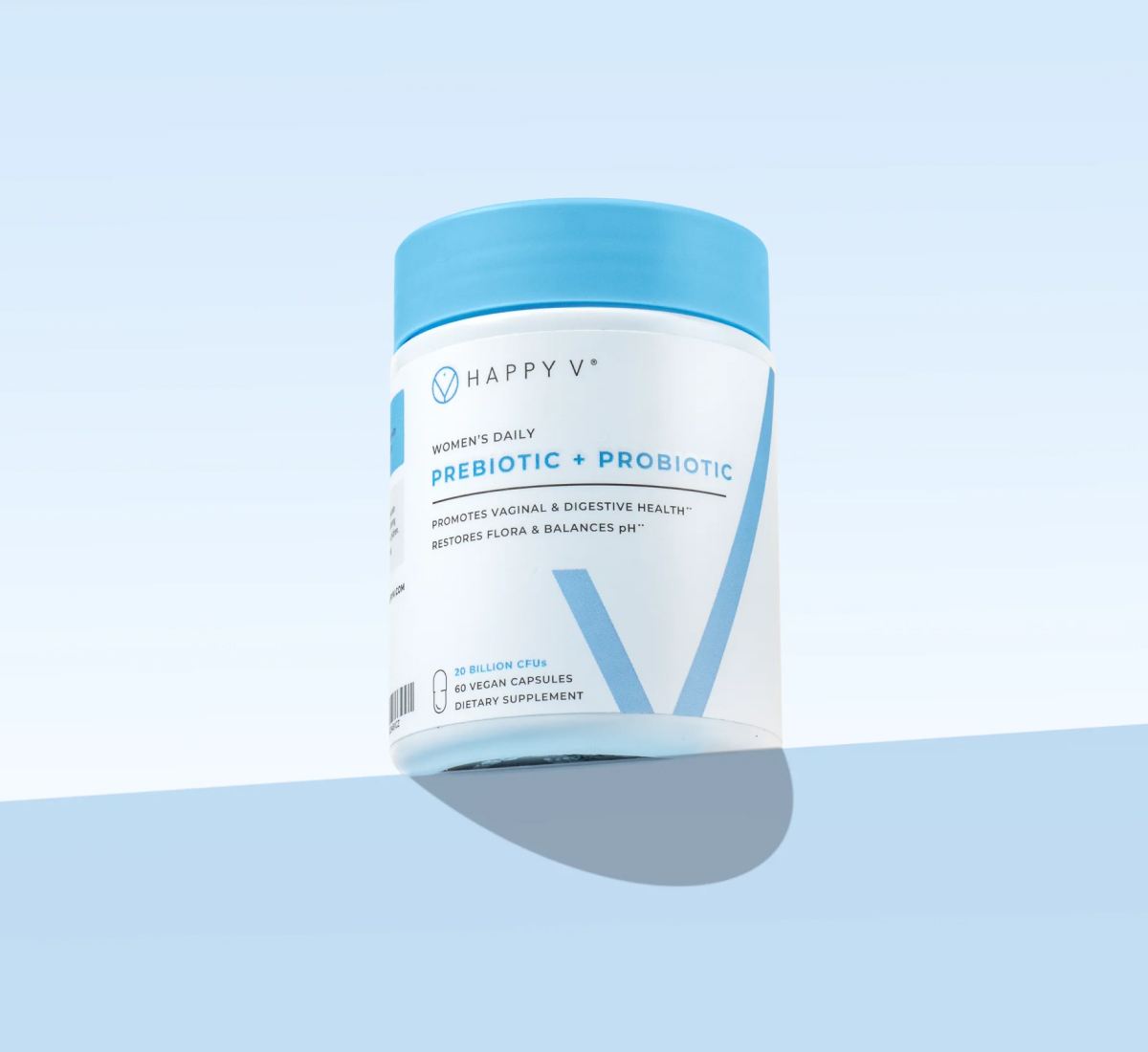 Happy V Prebiotic plus Probiotic supplement bottle
