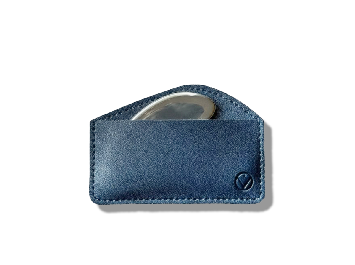 Happy V stainless steel Premium Gua Sha in its sleeve