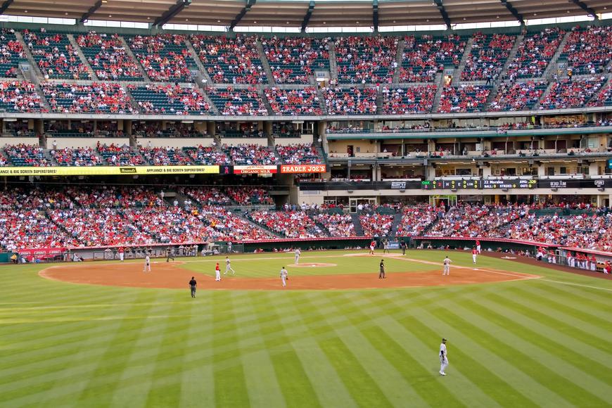 Fans watching baseball at Angel Stadium