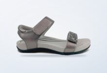 Aetrex Maria jeweled gunmetal sandal shown from the side