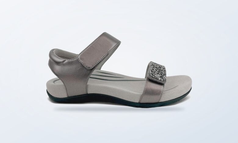Aetrex Maria jeweled gunmetal sandal shown from the side