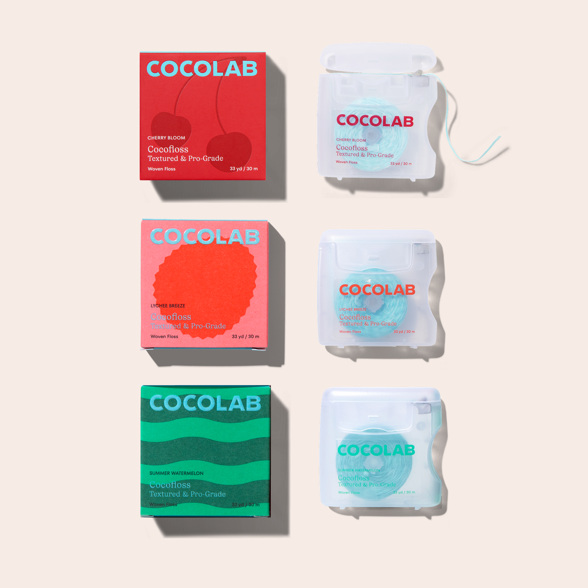 Fresh and Juicy Cocofloss floss trio in colorful packaging