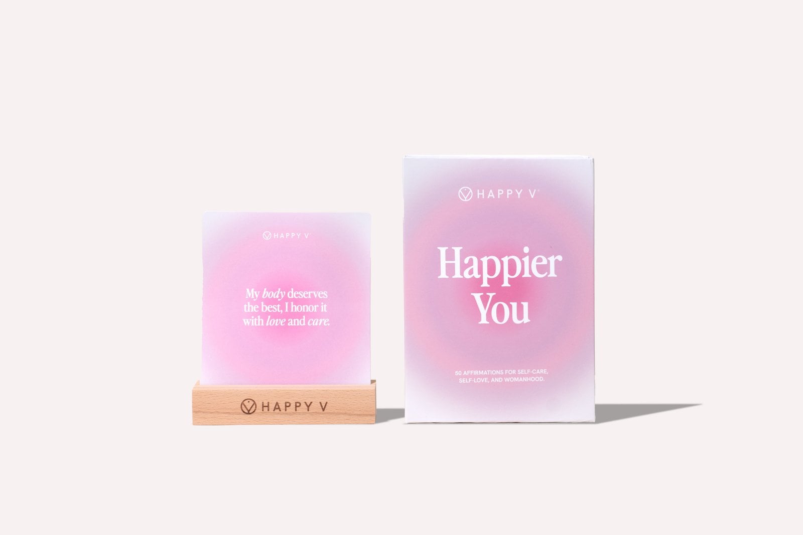 Happy V Affirmation Cards arranged on a light surface