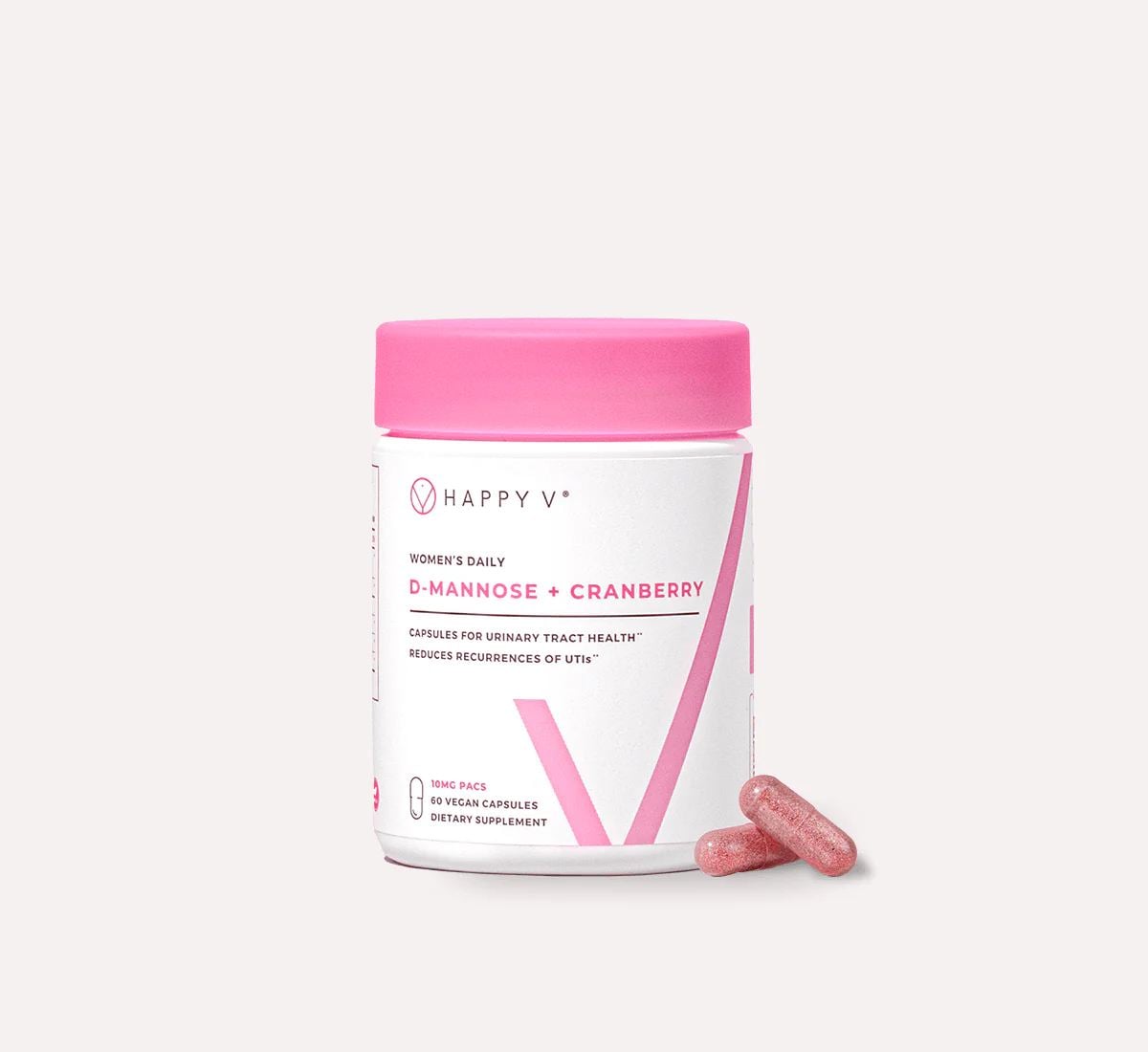 Happy V D-Mannose + Cranberry supplement bottle on a gray background