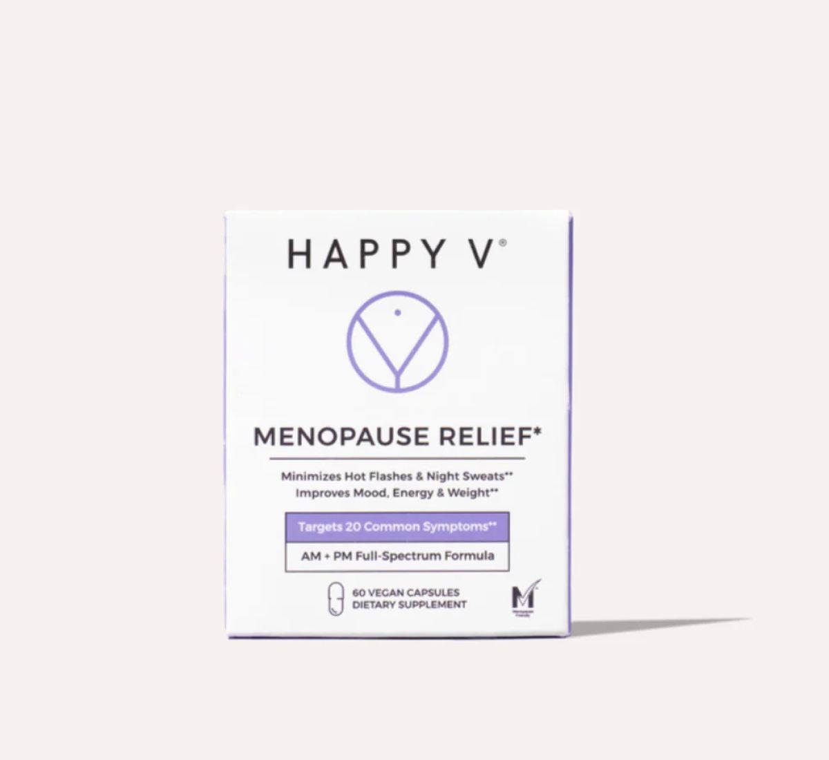 Happy V Menopause Relief supplement box on a gray background