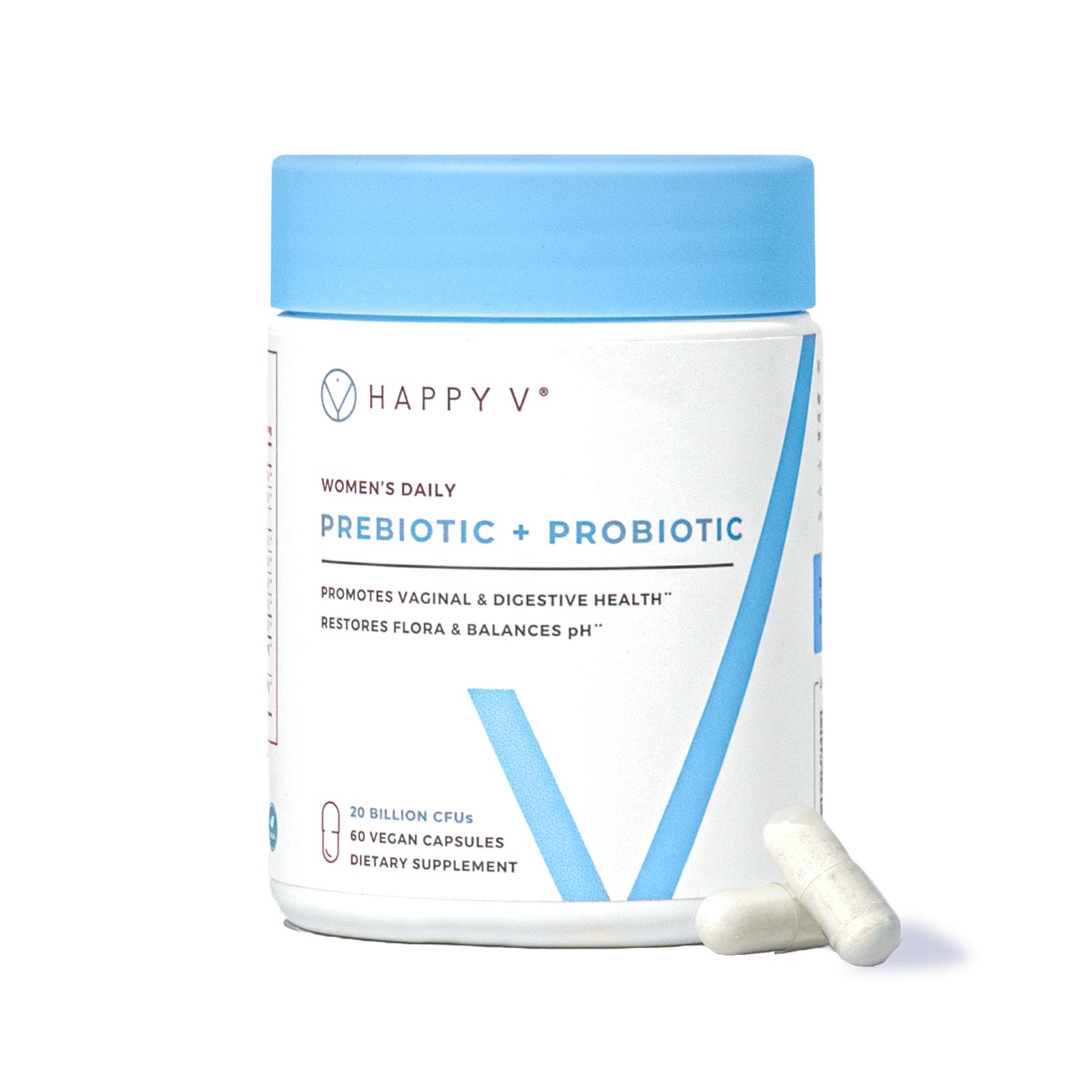 Happy V Prebiotic + Probiotic bottle with capsules