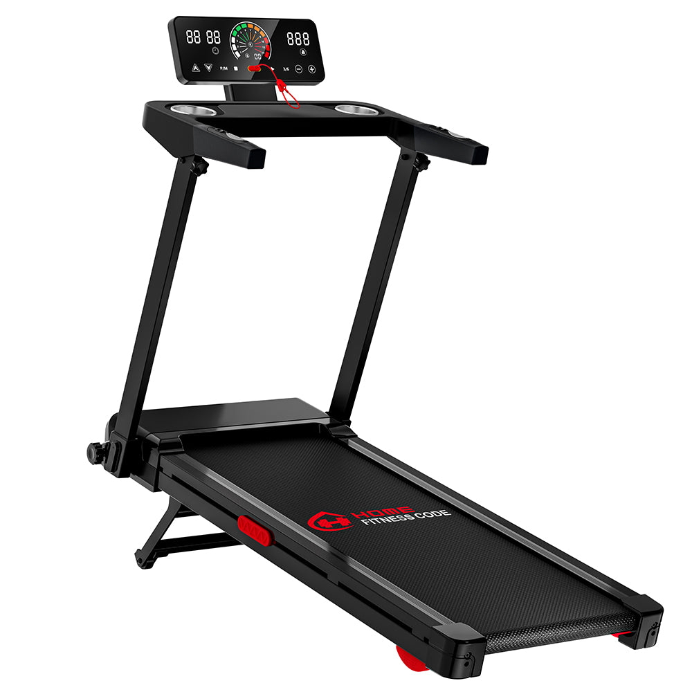 Home Fitness Code folding treadmill with an upright handrail