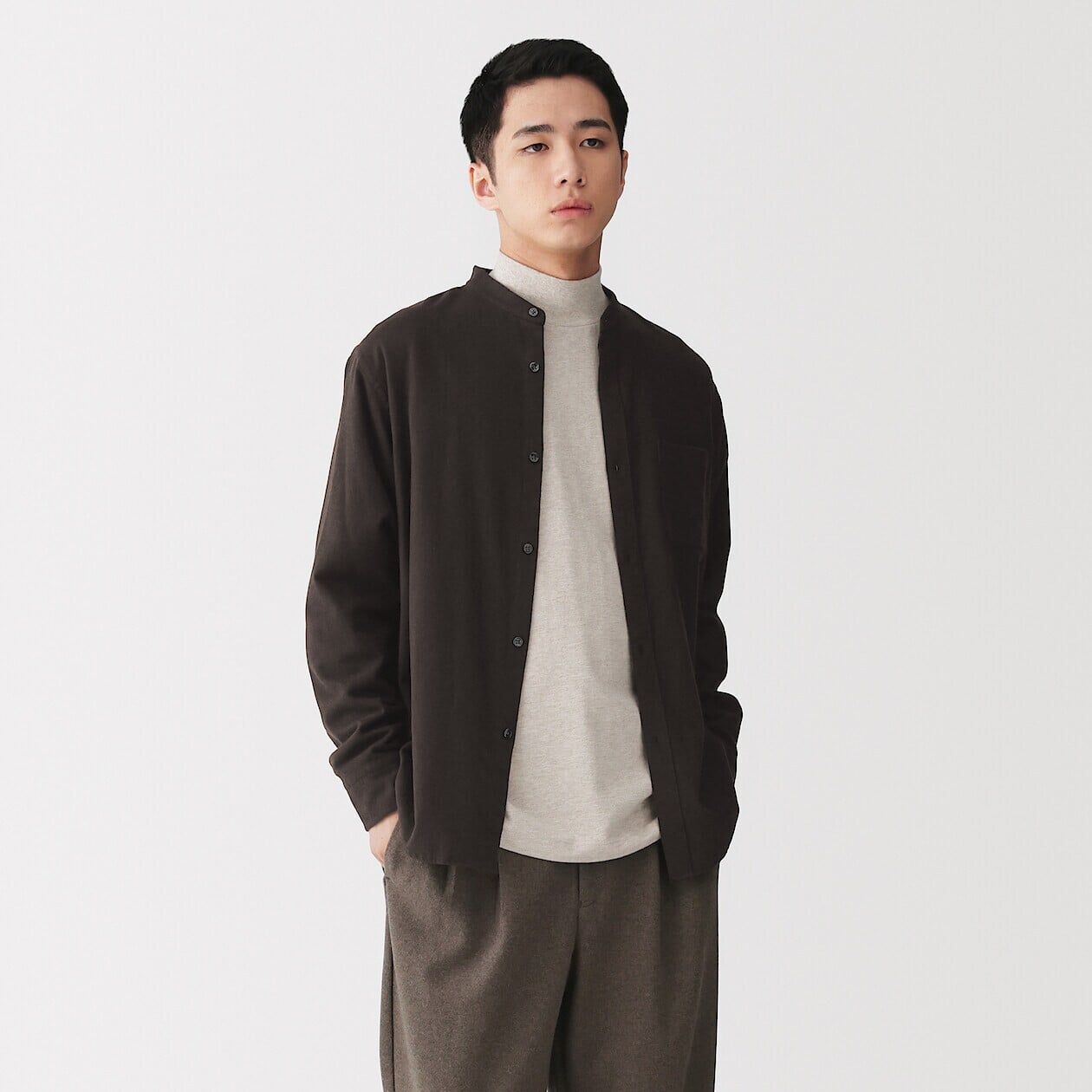 MUJI men's flannel grandad collar shirt shown as a single product
