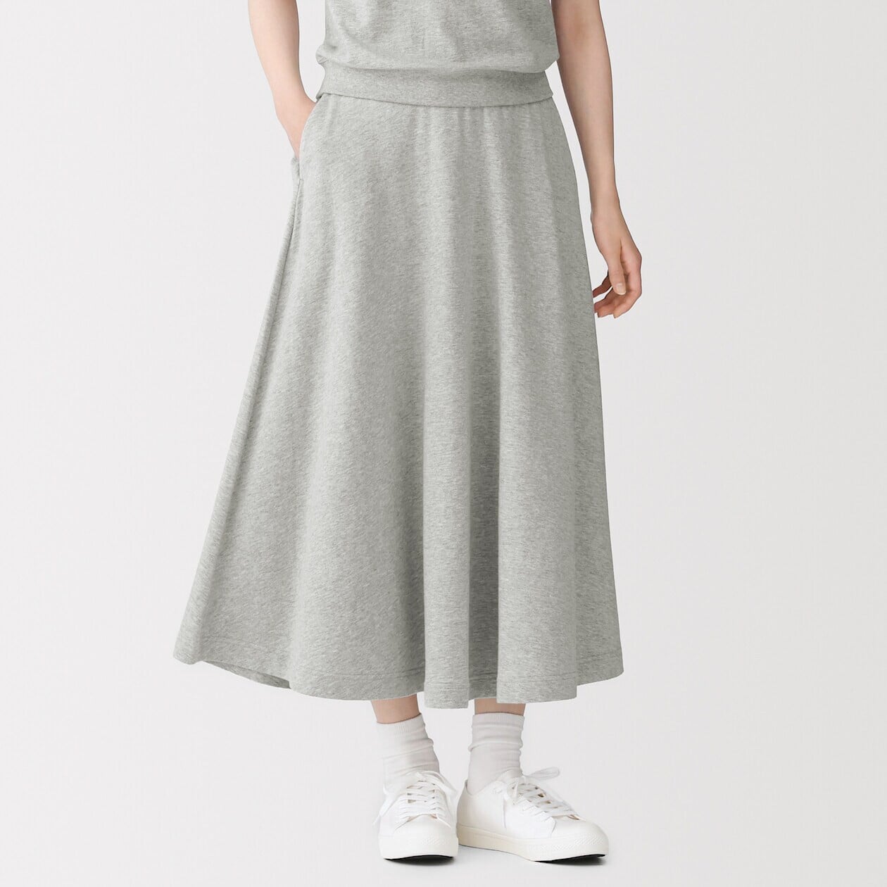 MUJI women's organic cotton lightweight sweat flare midaxi skirt shown as a single product