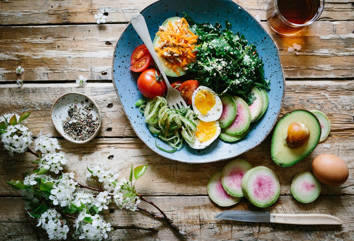 Colourful balanced meal prepared with fresh ingredients