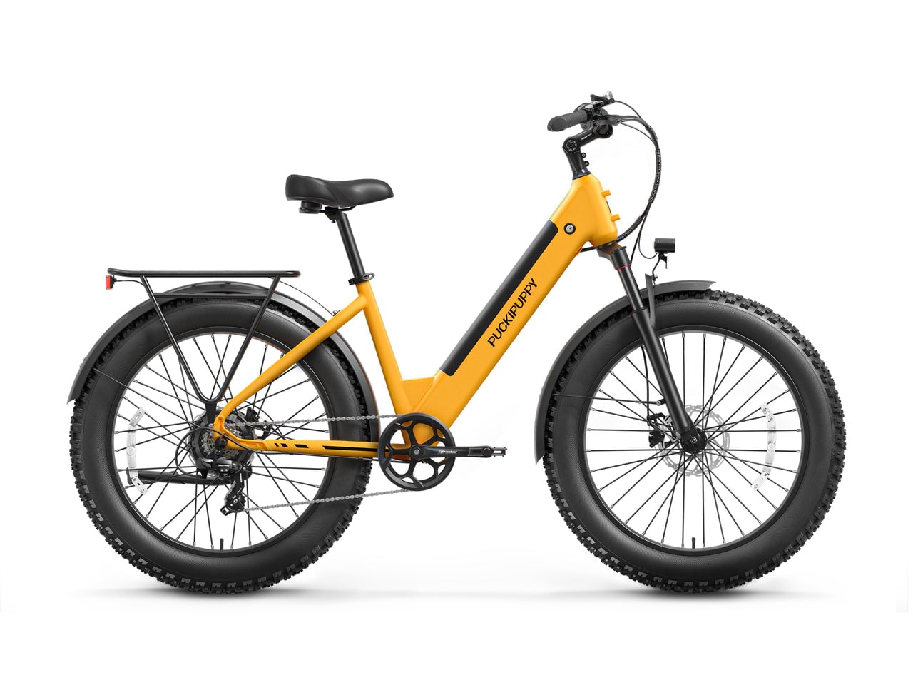 Puckipuppy Samoyed fat-tire electric bike in bright yellow