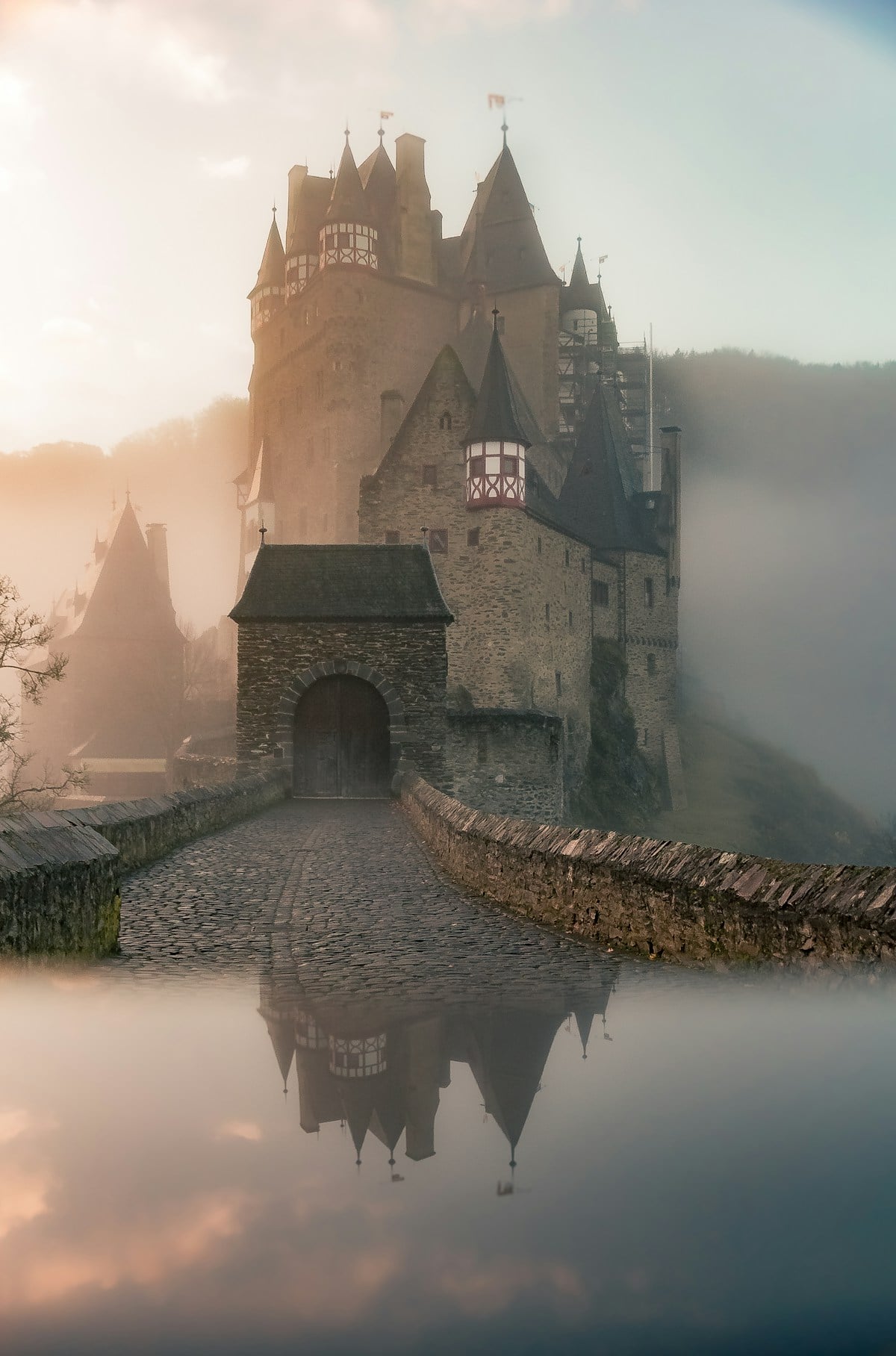 Misty stone castle bridge