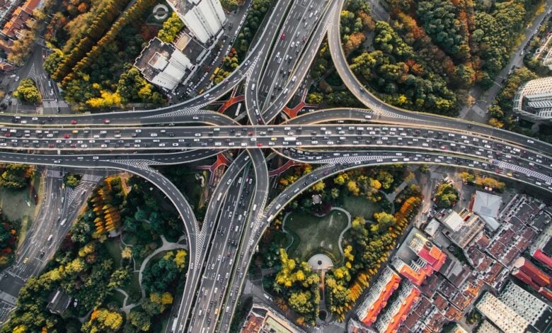 Aerial view of a highway interchange during a journey