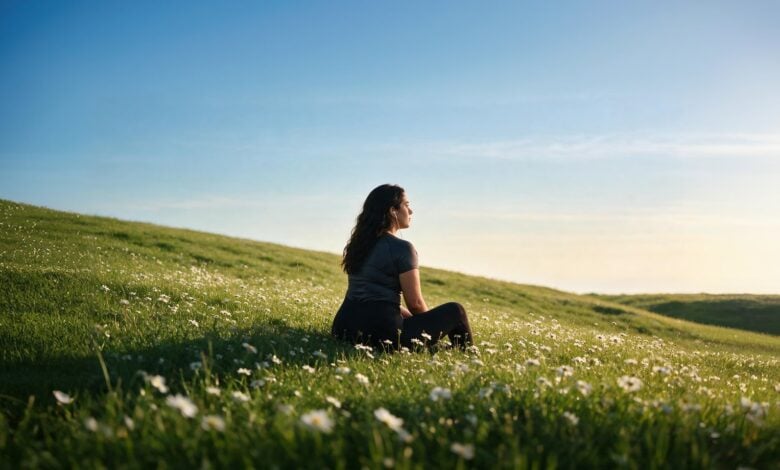 Woman sitting in a meadow beneath a broad sky