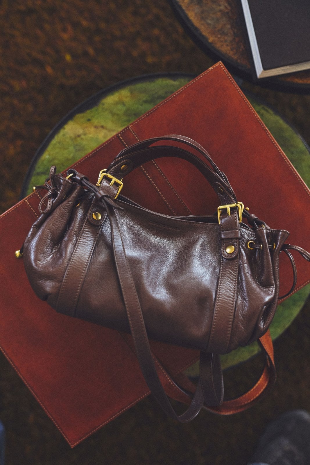 Sac à main Gerard Darel en cuir marron photographié en campagne