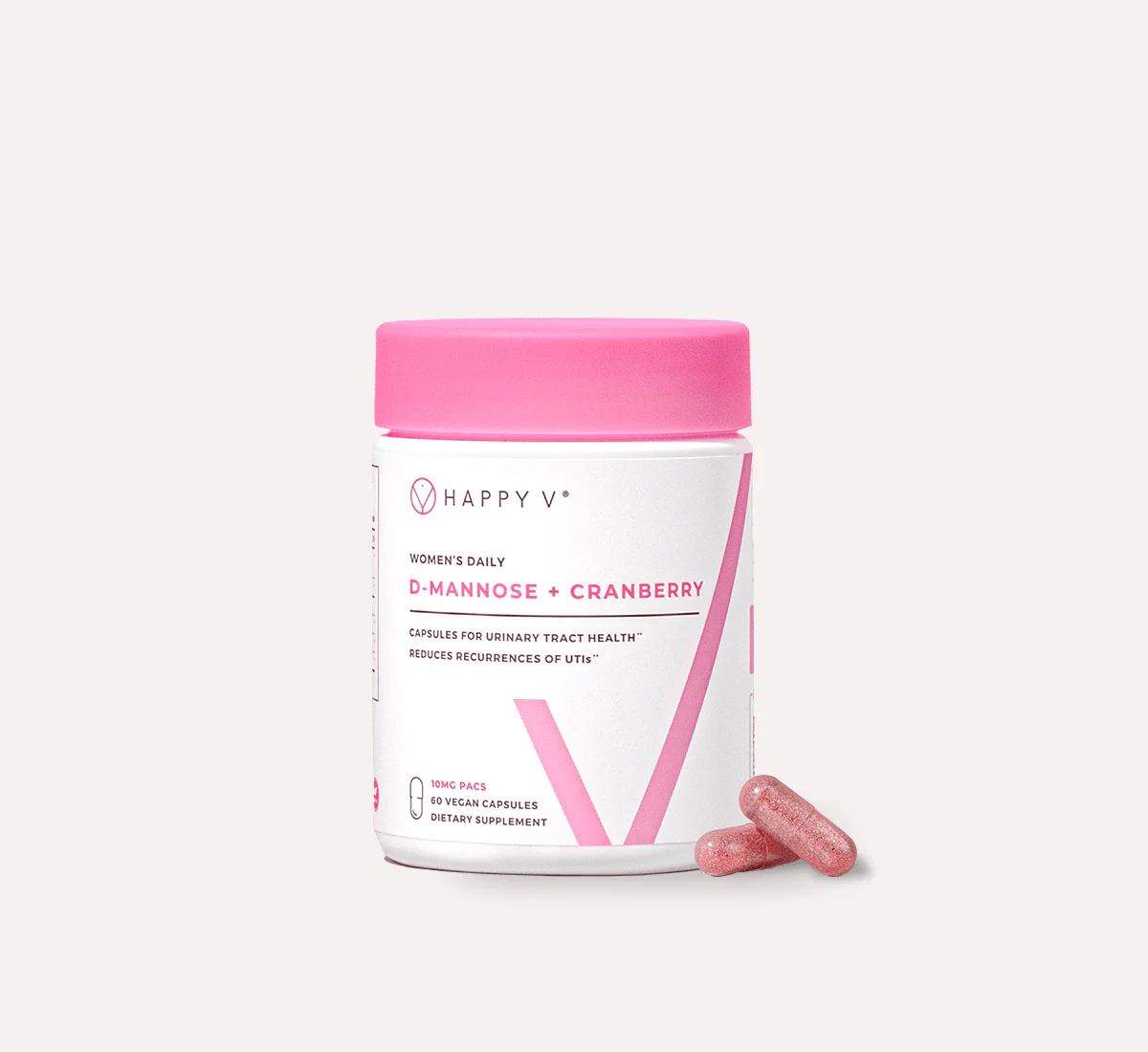 Happy V supplement bottle photographed against a pale gray background