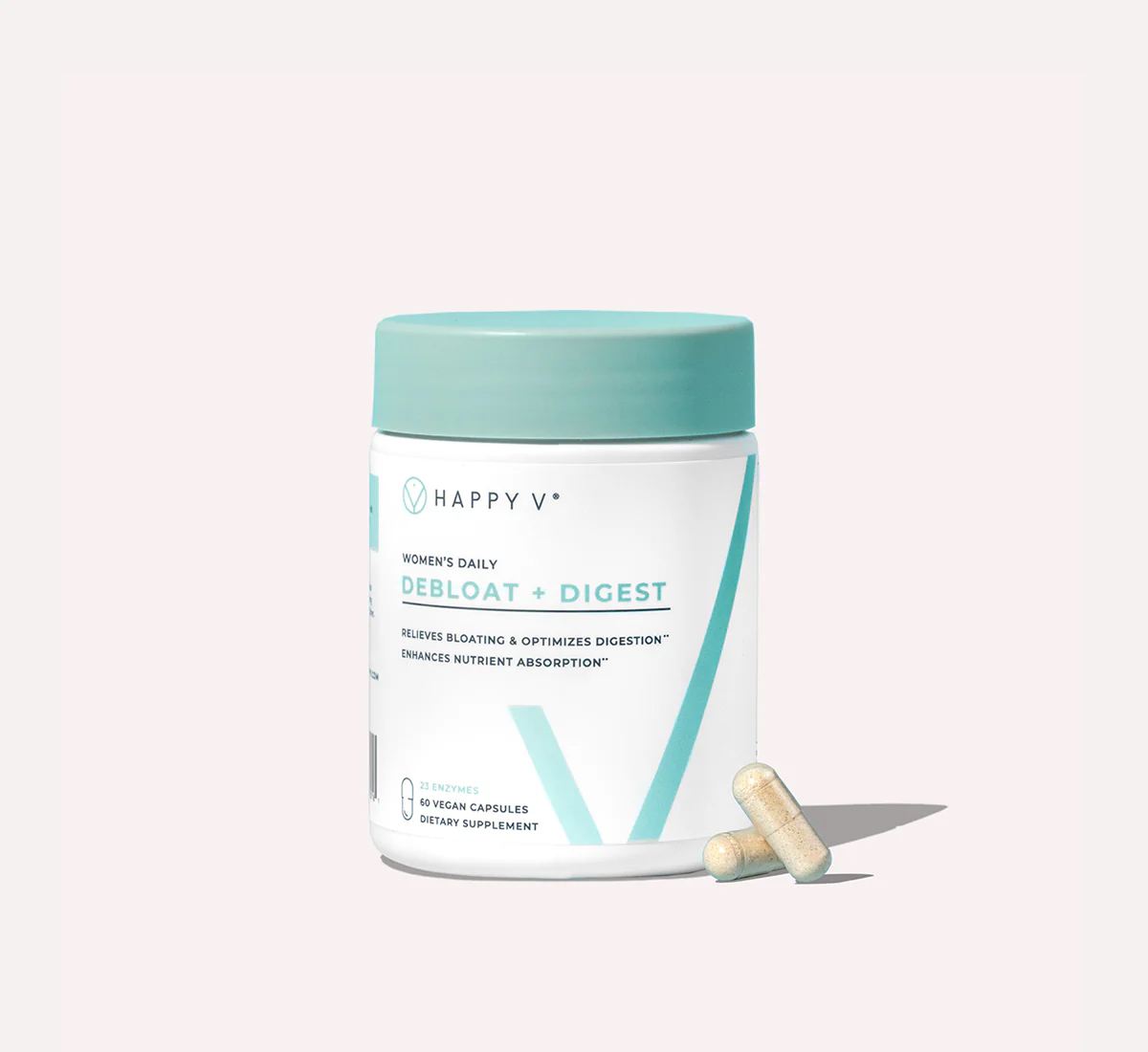 Happy V Debloat + Digest powder container and scoop on a pale gray background