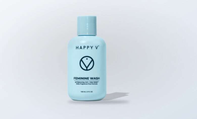 Happy V Feminine Wash bottle on a neutral background