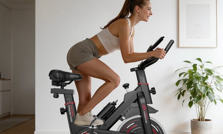 Home Fitness Code exercise bike in a home workout setting