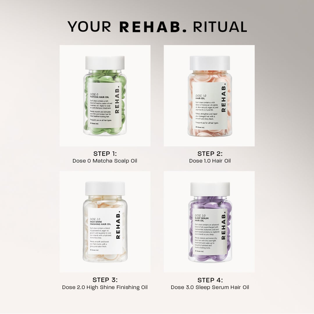 Four REHAB Dose hair oil ritual products arranged together