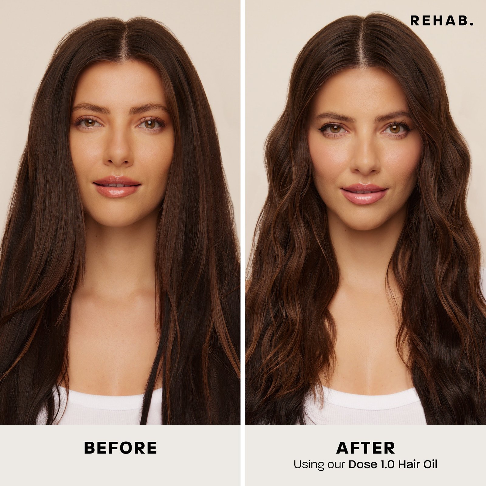 Before and after hair length comparison shown in REHAB hair oil imagery
