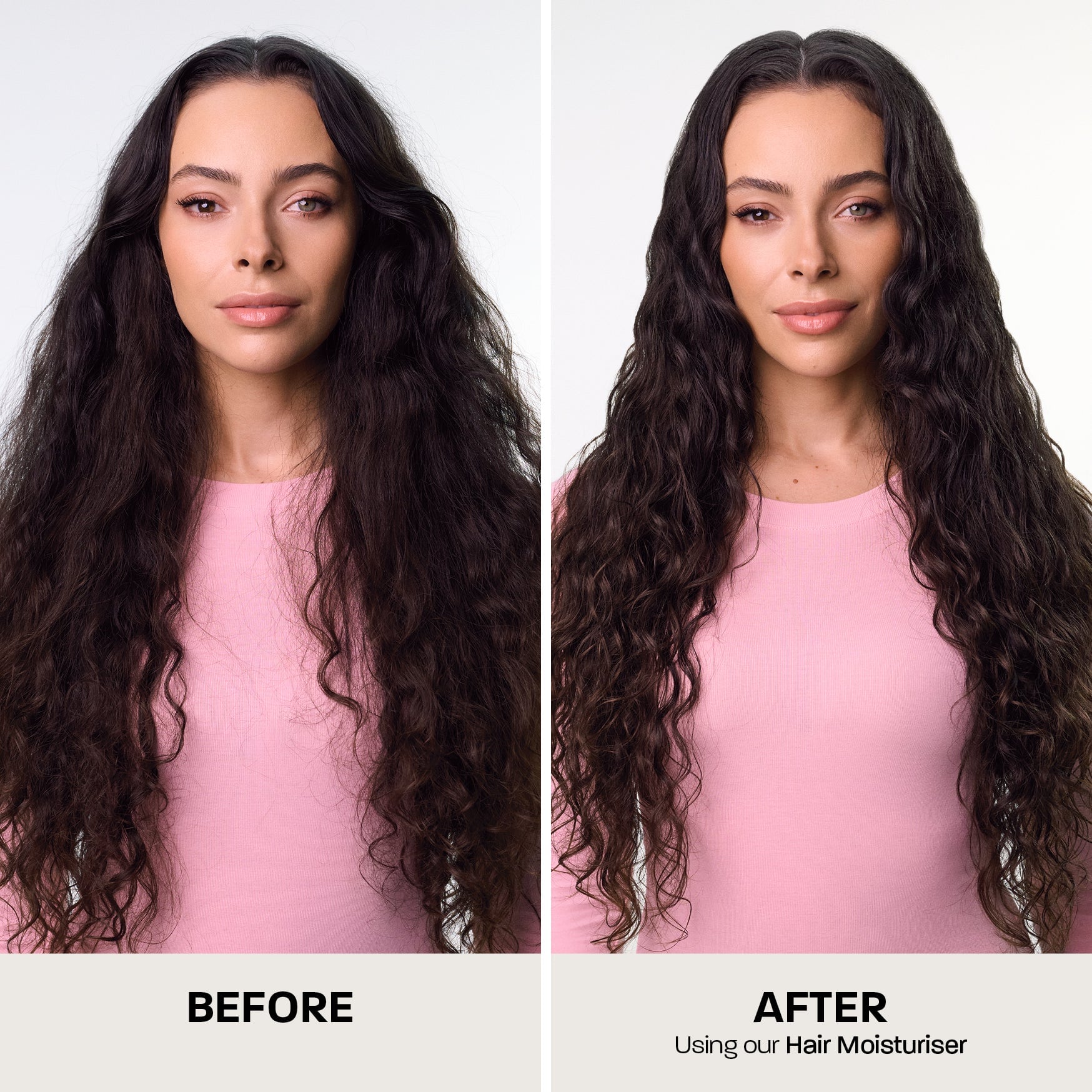 Curly hair before and after using a moisturising hair product